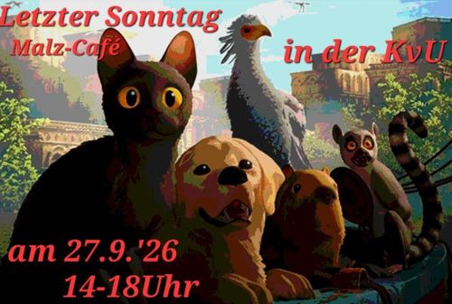 Malz-Café, Katze, Hund. Wasserschwein, Äffchen und Huhn oder so